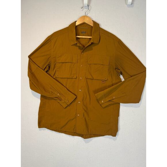 Rei Co-Op Shirt Mens Medium Fishing Vented Hiking Orange/Brown Snap Button - Picture 1 of 6